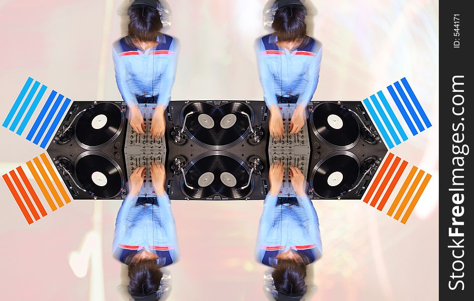 A pattern made from an image of a funky female dj, mixing on turntables. A pattern made from an image of a funky female dj, mixing on turntables