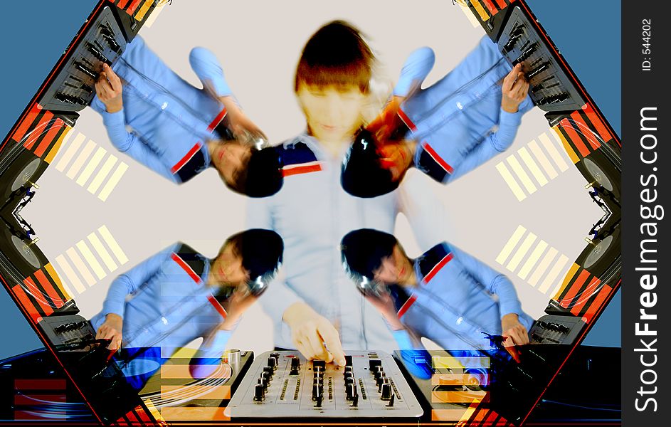 A pattern made from an image of a funky female dj, mixing on turntables. A pattern made from an image of a funky female dj, mixing on turntables