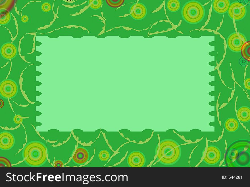 Green background with colorful gradient circles and leaves/vines. Green background with colorful gradient circles and leaves/vines