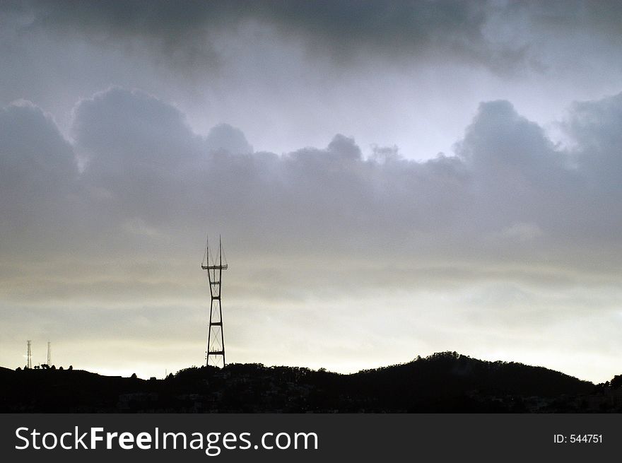 San Francisco's twin peaks and Sutro tower in Silhouette. San Francisco's twin peaks and Sutro tower in Silhouette