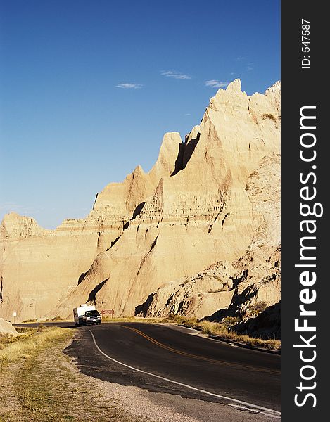 Vacationing in a recreational vehicle in the Badlands National Park. Vacationing in a recreational vehicle in the Badlands National Park.