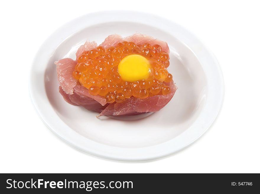 Tuna salmon and quail egg. Tuna salmon and quail egg