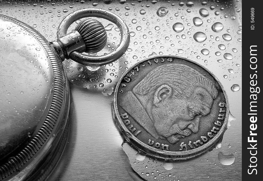 German coin in the rain