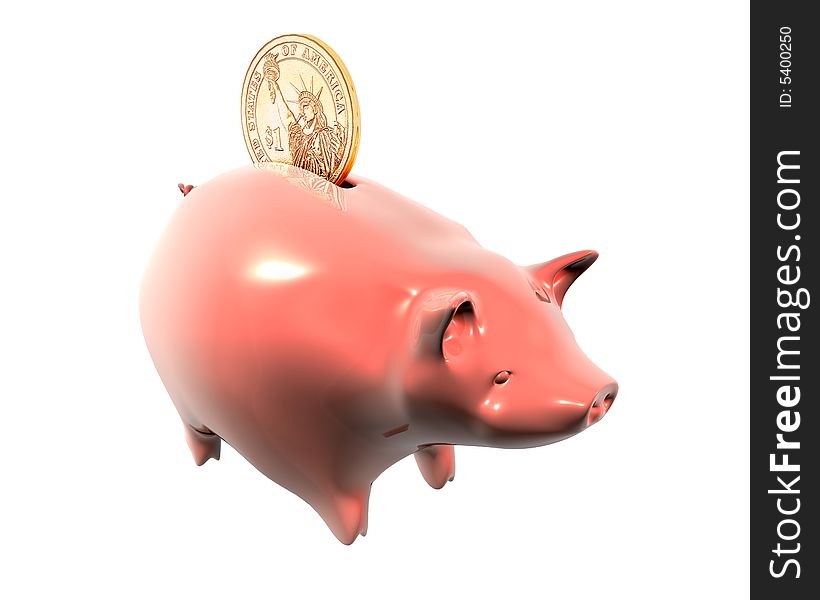3d Illustration of piggy bank and one dollar on white background. 3d Illustration of piggy bank and one dollar on white background