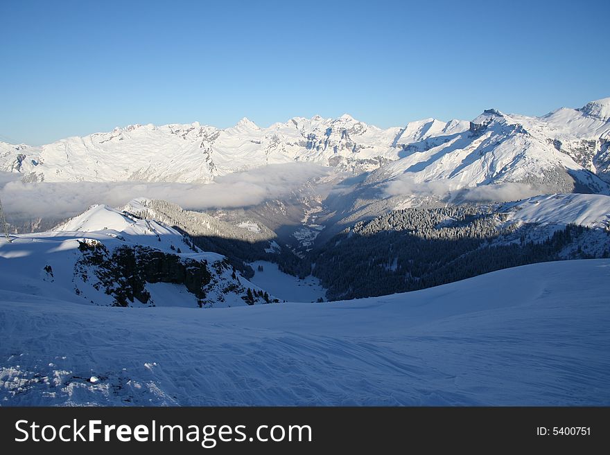 Winter mountains piste in french Alps, Grand massif. Winter mountains piste in french Alps, Grand massif