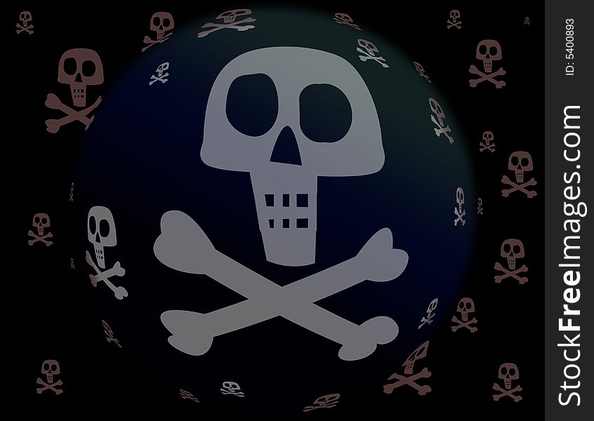 Skulls and crossbones floating on black background with a large skull & crossbones in the center. Skulls and crossbones floating on black background with a large skull & crossbones in the center.