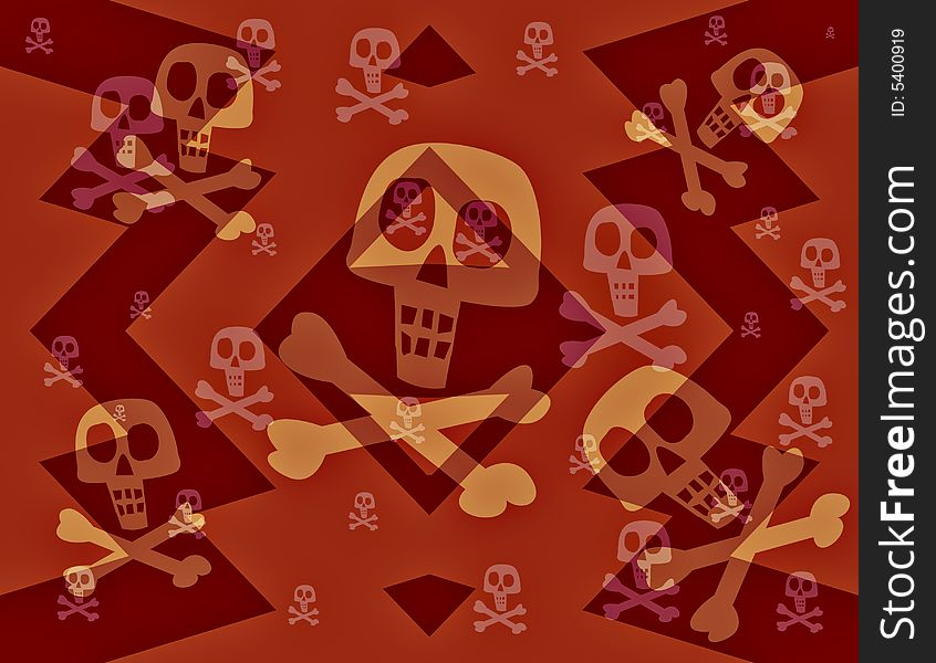 Red background with a hard edged zig zag pattern. Layered above are skulls and crossbones. Red background with a hard edged zig zag pattern. Layered above are skulls and crossbones.