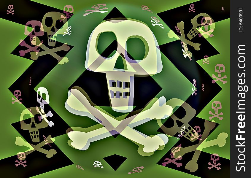 Green and black background with a hard edged zig zag pattern. Layered above are skulls and crossbones. Green and black background with a hard edged zig zag pattern. Layered above are skulls and crossbones.