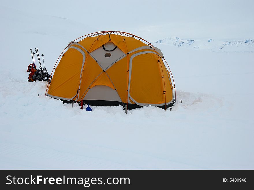 Base camp in white out day. Base camp in white out day