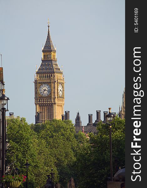 Big Ben and Westminster Clock Tower over a stand of trees. Big Ben and Westminster Clock Tower over a stand of trees