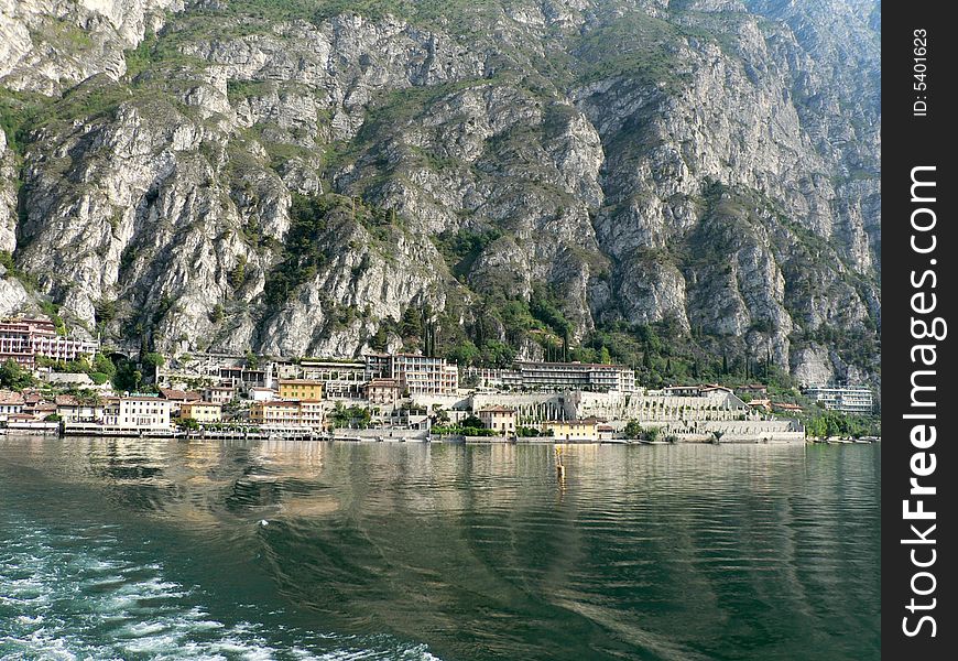 A view of the Lake Garda town of Limone taken from a departing ferry. A view of the Lake Garda town of Limone taken from a departing ferry.