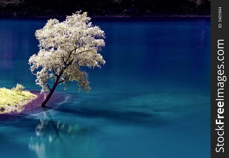 The turquoise blue water of the Tenno Lake - infrared filter - Italy. The turquoise blue water of the Tenno Lake - infrared filter - Italy