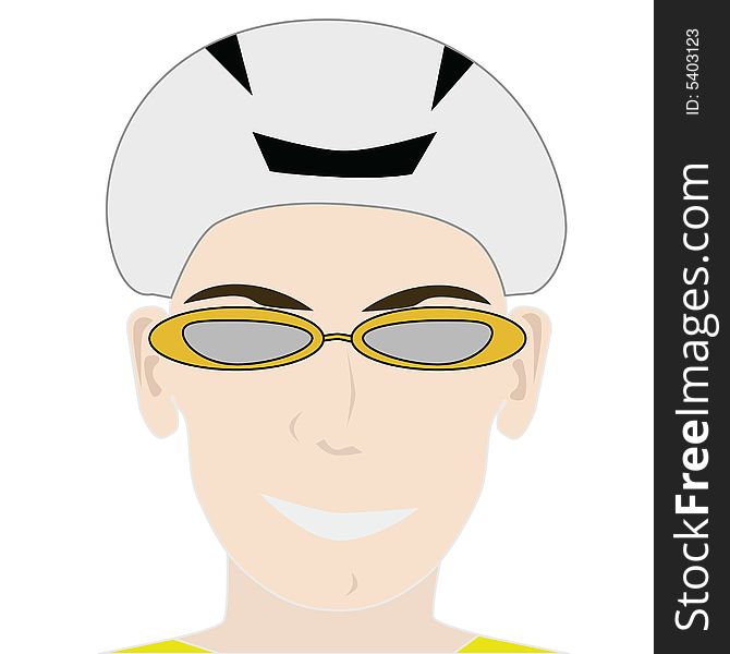 Cartoon closeup on the face of a cyclist wearing a helmet and goggles