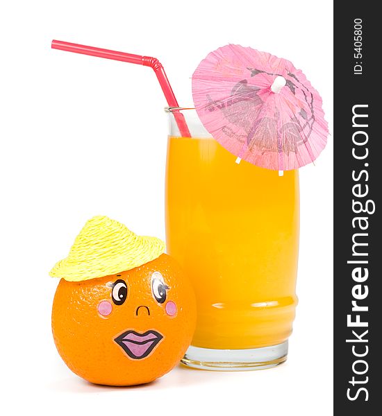 Cheerful little men from a fresh orange and a juice glass isolated on a white background