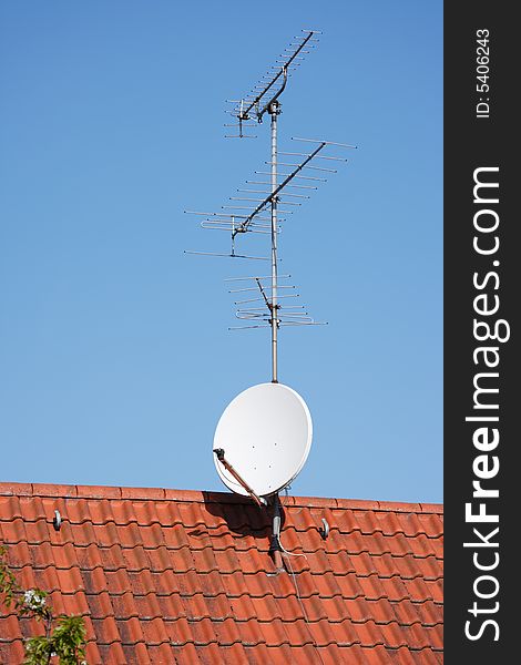 Satellite dish and antenna on house