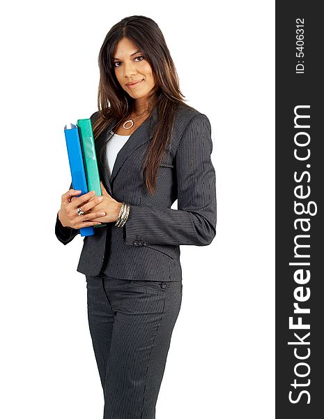 Beautiful brunette businesswoman holding files