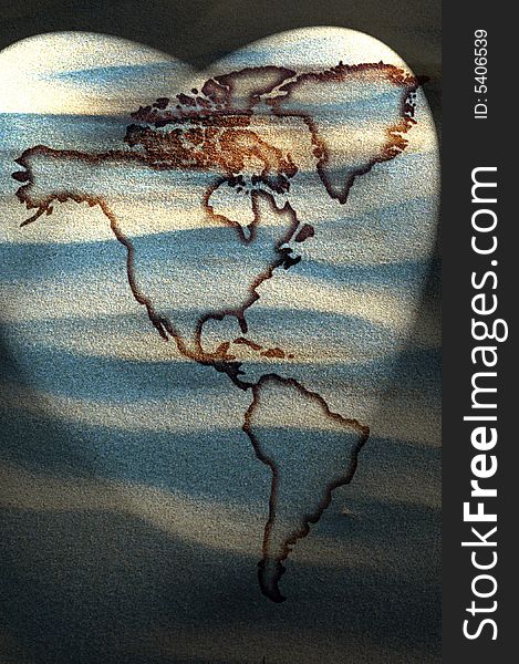 North and south America continents map on sand. North and south America continents map on sand