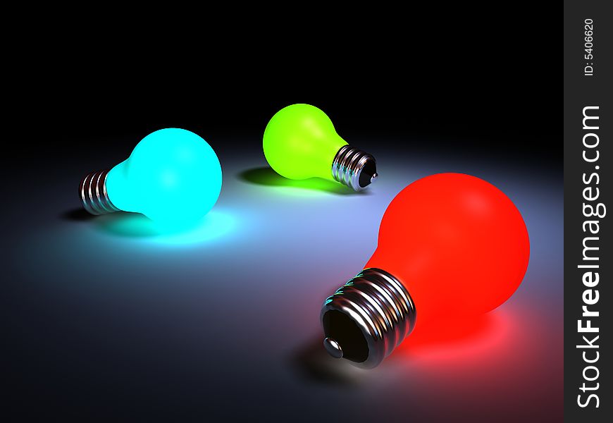 Three lighting colored bulbs - rendered in 3d