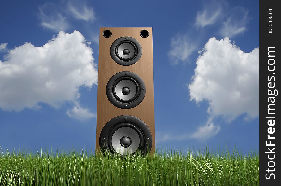 A speaker in grass with cloudy sky in background - rendered in 3d