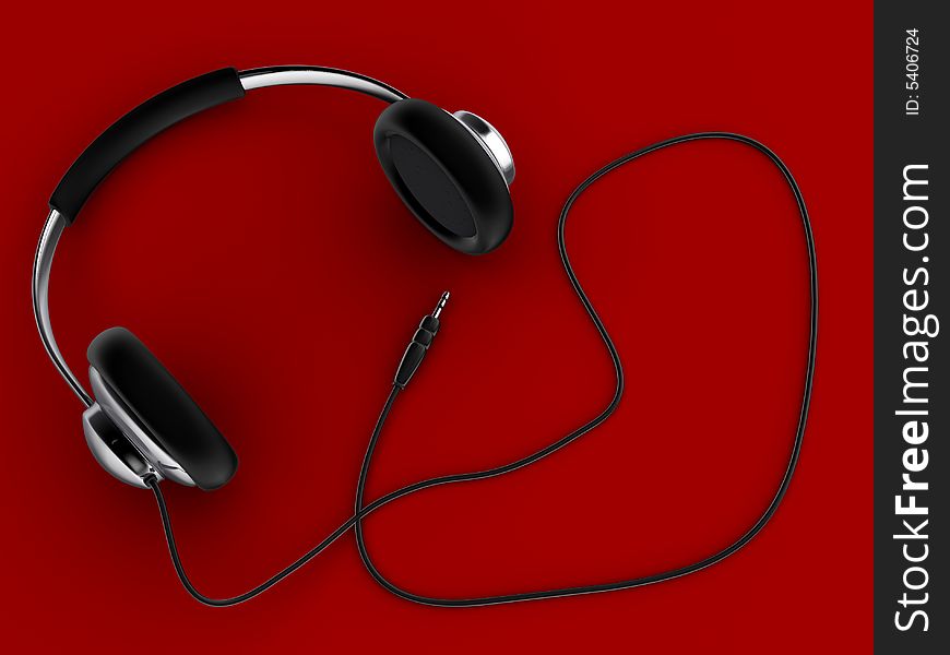 Close-up of a headphone on red background - rendered in 3d. Close-up of a headphone on red background - rendered in 3d