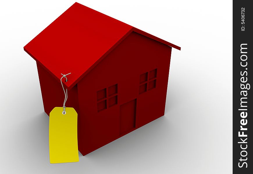 Red house with yellow gift tag - 3d render. Red house with yellow gift tag - 3d render