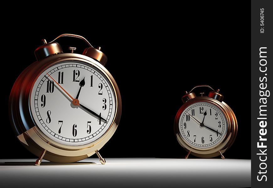 Time passing concept - two alarm clock - rendered in 3d