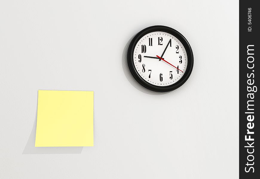 A yellow notes on wall near a clock - 3d render. A yellow notes on wall near a clock - 3d render
