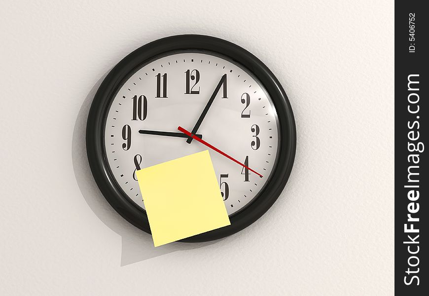 A yellow note on wall clock - 3d render