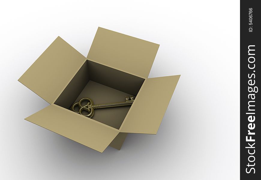 A golden key in a box - rendered in 3d