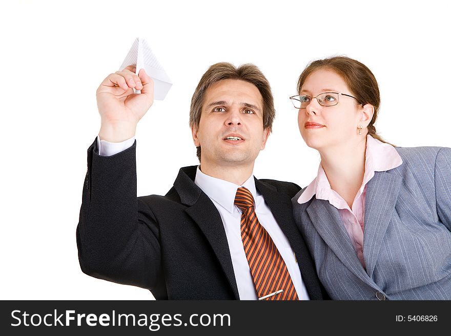 Business man and woman with paper airplane in hands. Business man and woman with paper airplane in hands
