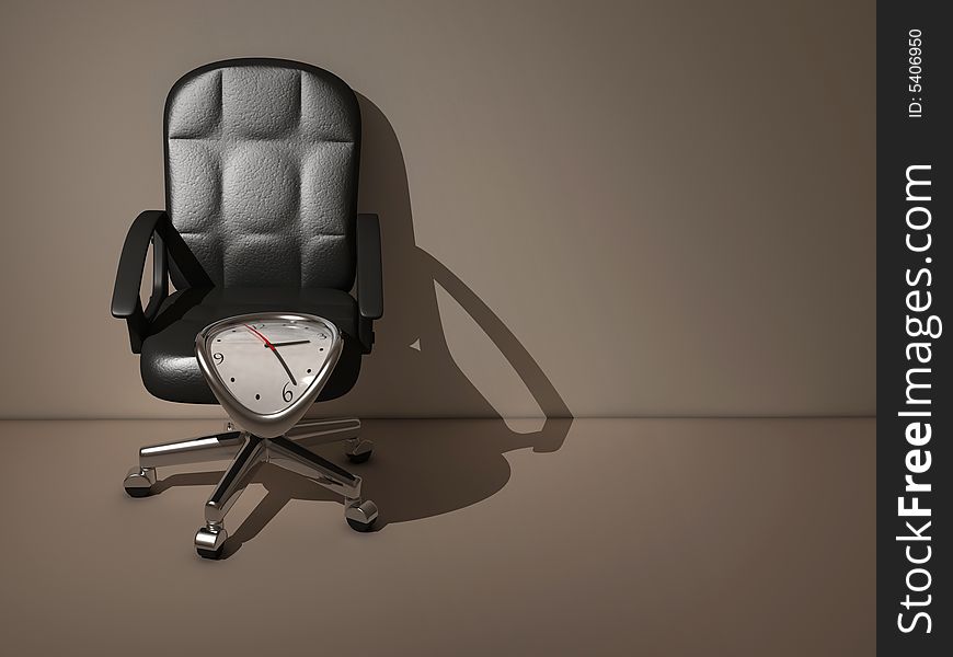 Conceptual - a clock flowing on a business chair - rendered in 3d. Conceptual - a clock flowing on a business chair - rendered in 3d