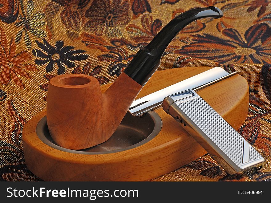 Tobacco Pipe And Wood Ashtray And Lighter