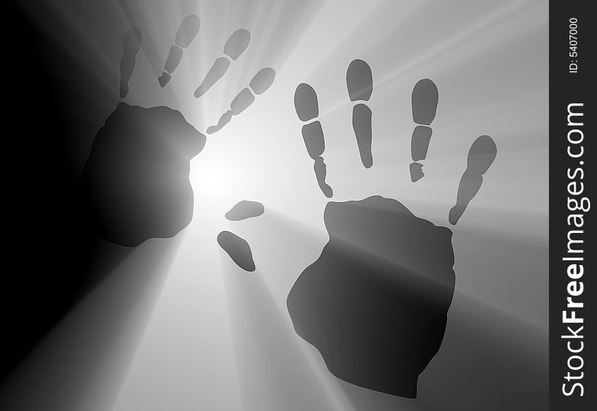 Abstract two hands print and rays - 3d render