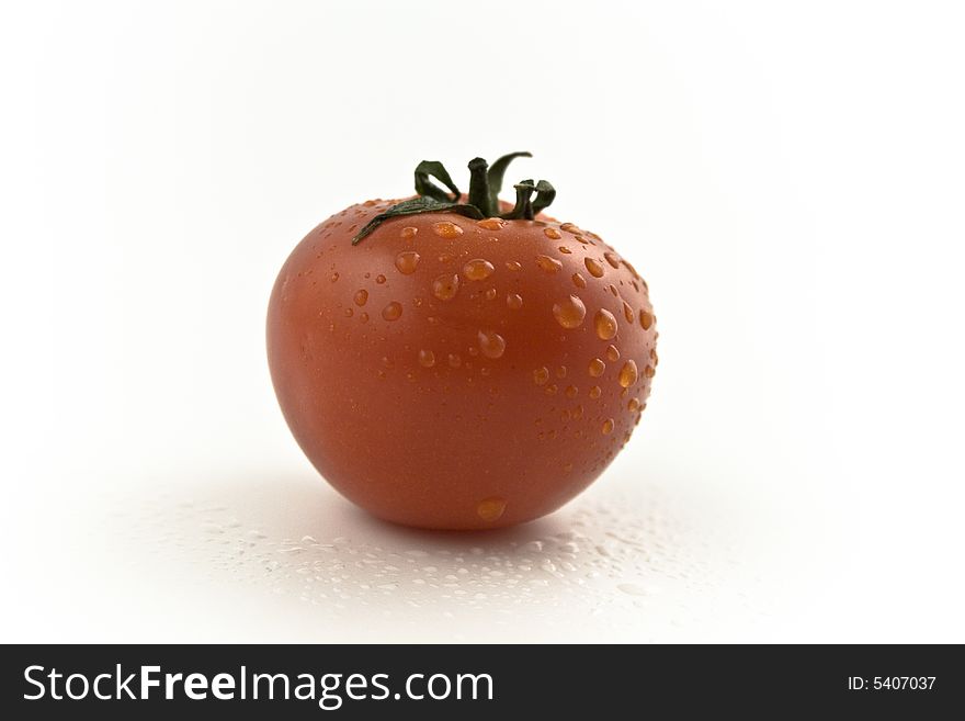 One fresh red tomato with drops close-up
