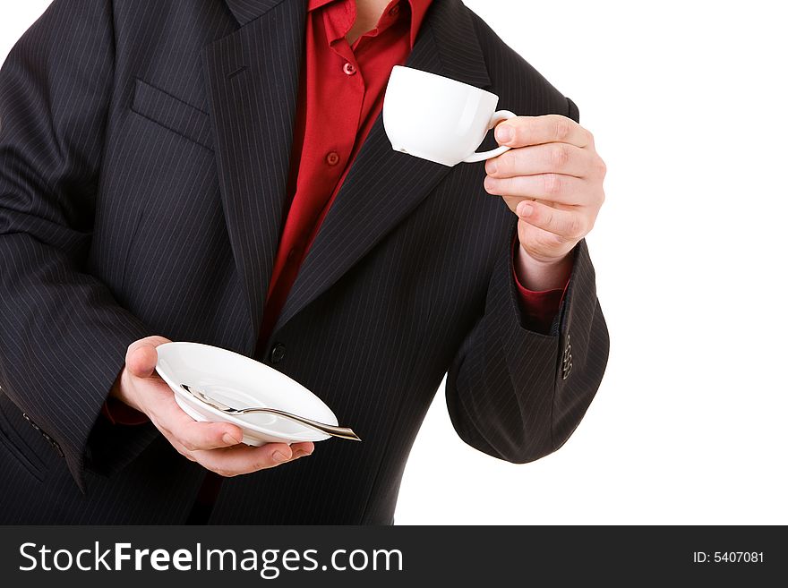 White coffee cup in the hand of the man. White coffee cup in the hand of the man