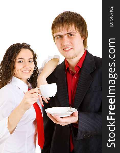 Businessman and girl drinking coffee. Businessman and girl drinking coffee