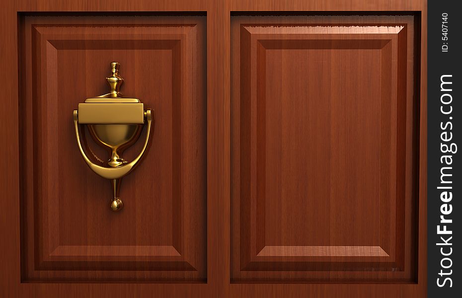 A golden knocker on door - rendered in 3d. A golden knocker on door - rendered in 3d