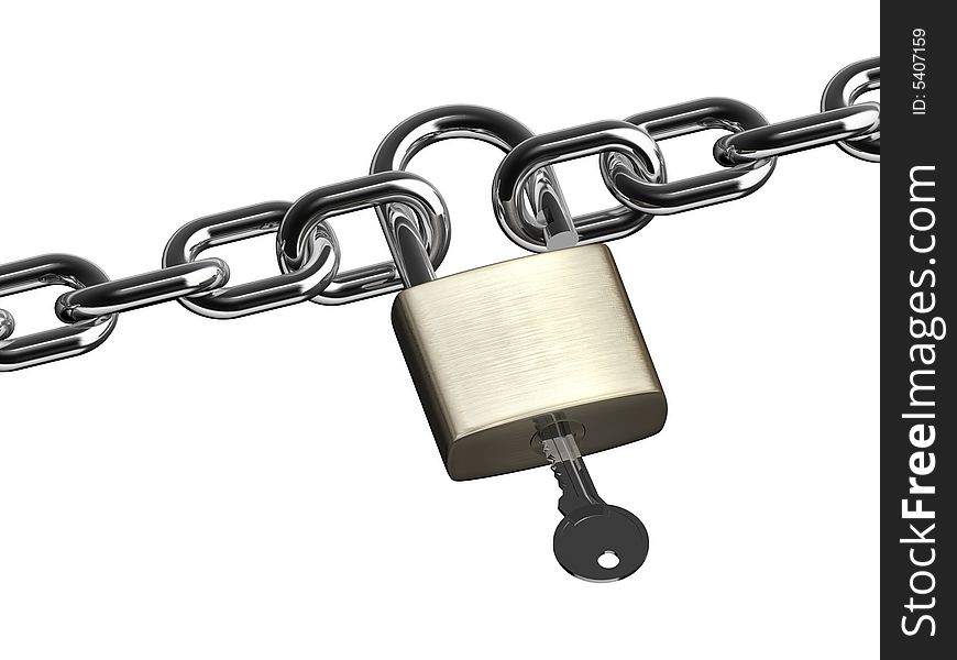 Chain, padlock and key isolated on white background - 3d render. Chain, padlock and key isolated on white background - 3d render