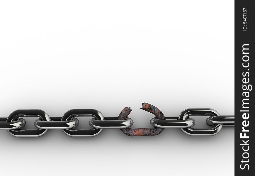 Conceptual chain with a broken rusty link isolated on white background. Conceptual chain with a broken rusty link isolated on white background