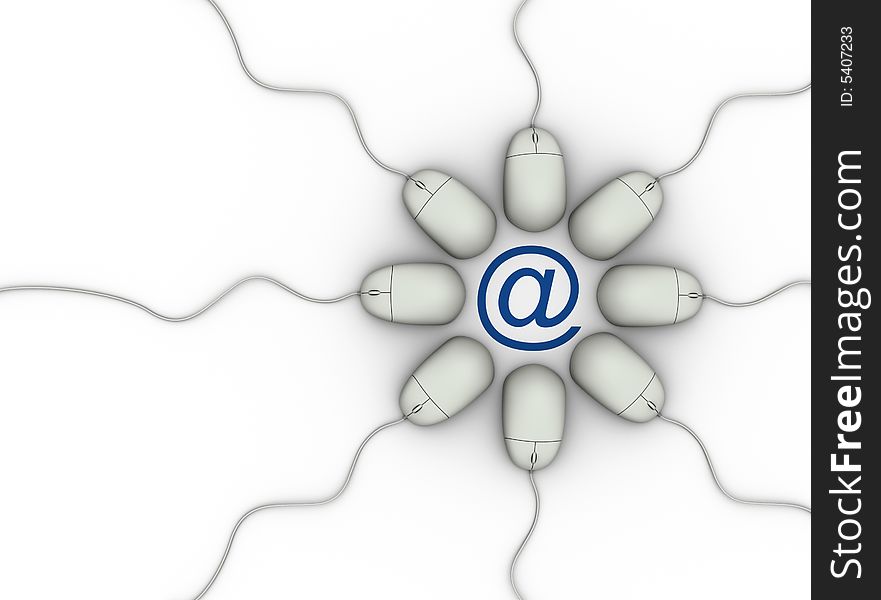 Computer mouses surrounding e-mail symbol on white background - 3d render