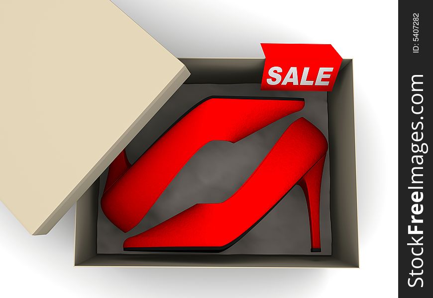 A pair of red womens's high heel shoes in a box with sale tag - 3d render. A pair of red womens's high heel shoes in a box with sale tag - 3d render