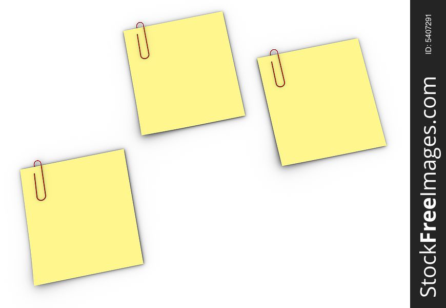 Three yellow notes with paper clips on white background - 3d render. Three yellow notes with paper clips on white background - 3d render