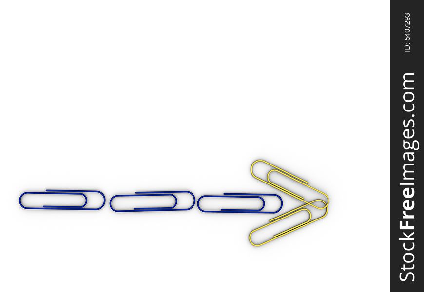 Paper clips arranged in an arrow shape on white background - rendered in 3d