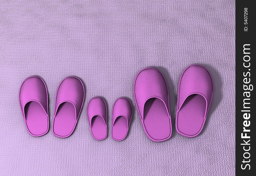 Three pairs of pink slippers - rendered in 3d. Three pairs of pink slippers - rendered in 3d