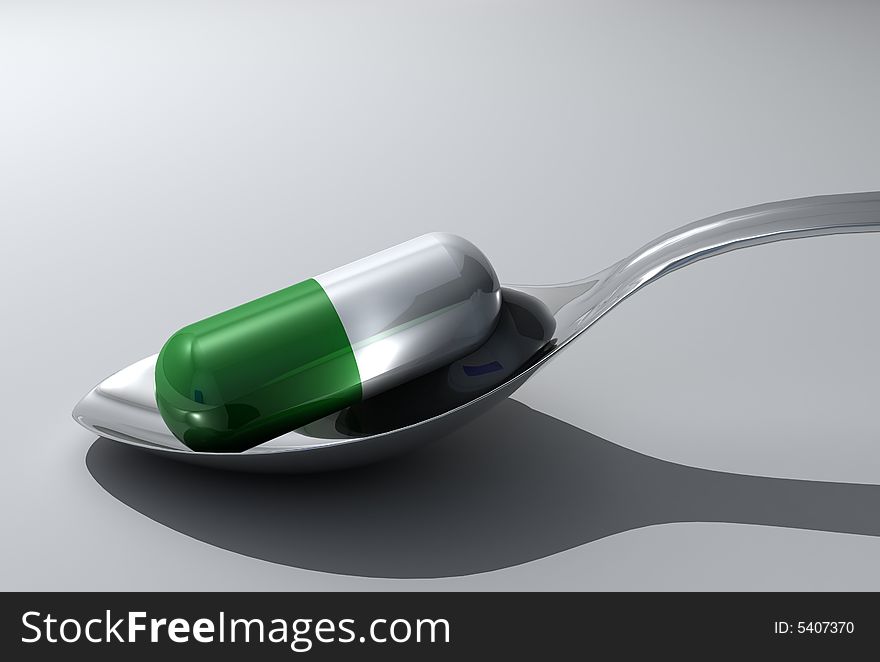 Pill in spoon - extreme close up - 3d render