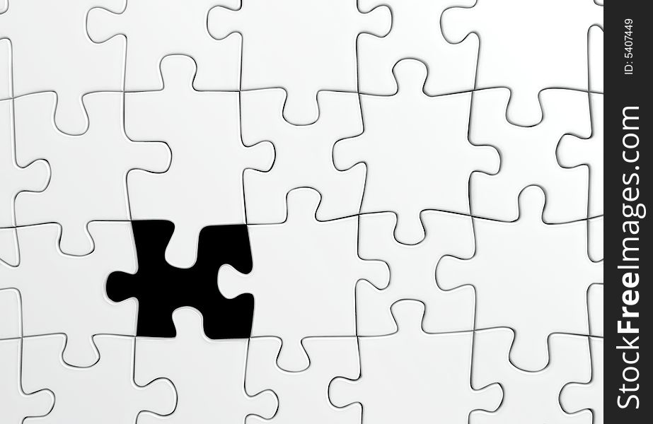 White jigsaw puzzle with a single missing piece - 3d render