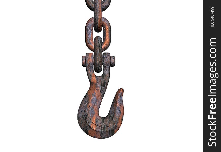 Rusty hook and chain isolated on white background - rendered in 3d