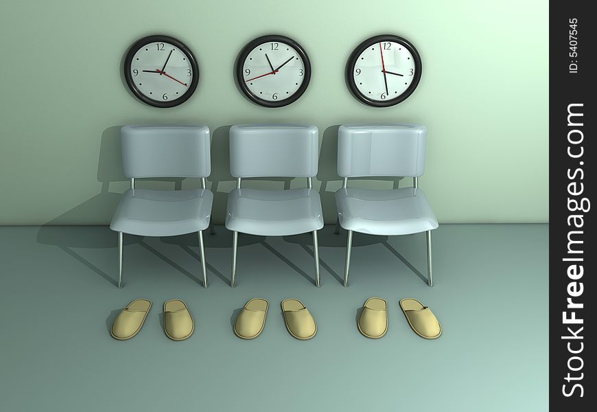 Three clocks, chairs and slippers - rendered in 3d. Three clocks, chairs and slippers - rendered in 3d