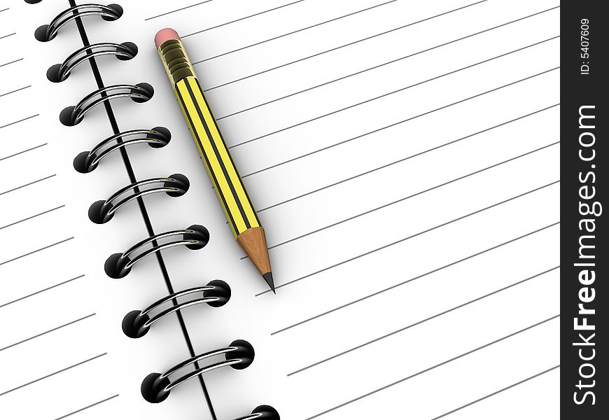 A blank notebook and a pencil on white background - 3d render
