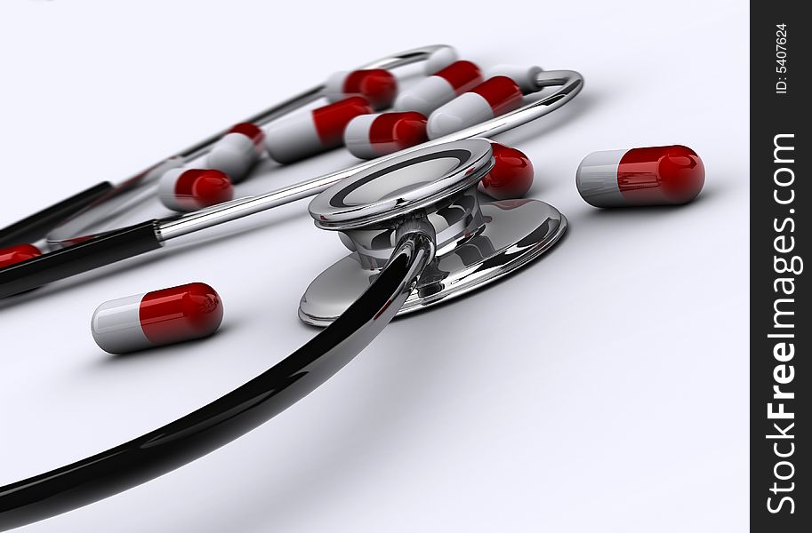 Close up of a stethoscope and pills - 3d render